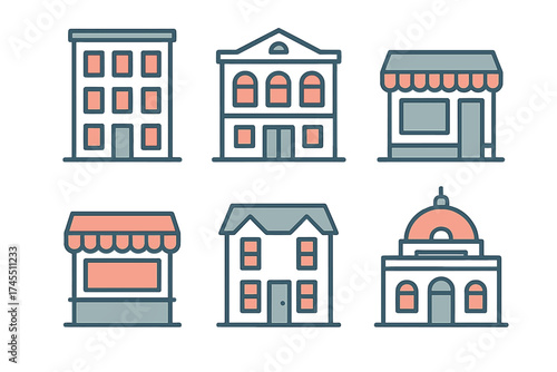 Diverse architectural symbols representing city infrastructure, commercial properties, and residential buildings