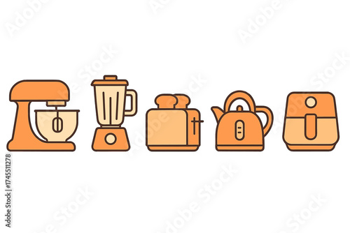 Collection of essential kitchen appliances icons: stand mixer, blender, toaster, electric kettle, and air fryer