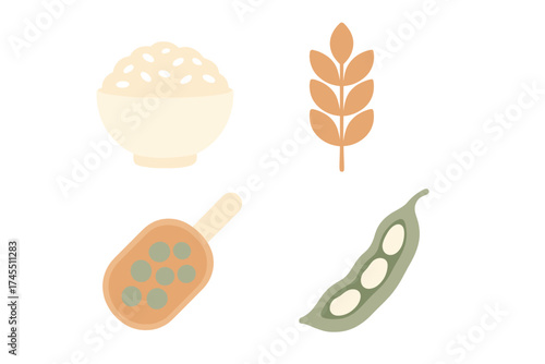 Minimalist icons of essential agricultural food products: rice, wheat, and beans
