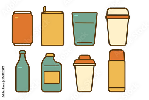 Retro style collection of beverage containers including cans, bottles, glasses, and travel mugs