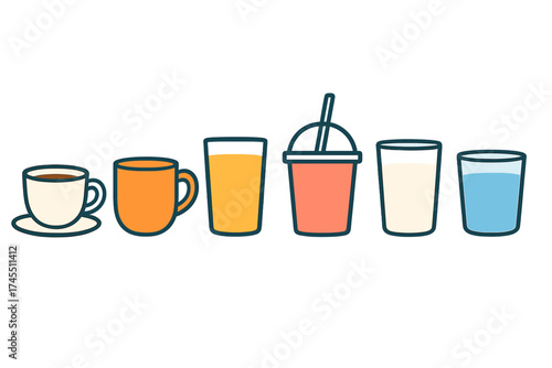 Assortment of popular beverages: coffee, juice, smoothie, milk, and water in various glasses