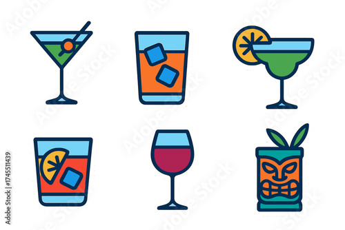Colorful set of alcoholic drinks and cocktail beverages including martini, wine, and tiki styles
