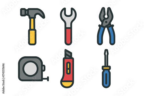 Essential set of construction and repair hand tools including hammer, wrench, pliers, tape measure, and screwdriver