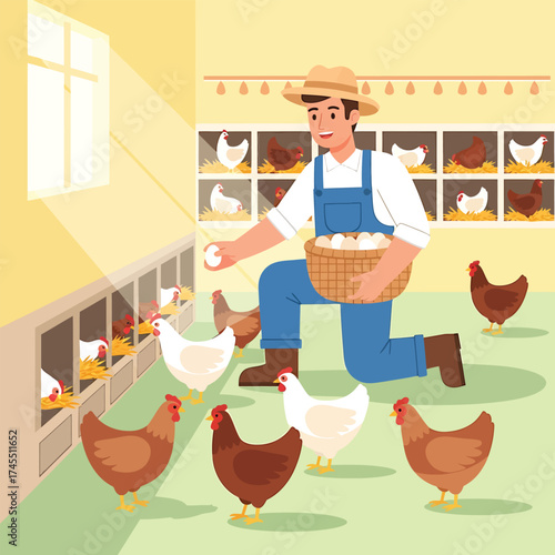Farmer Harvesting Eggs in a Chicken Coop A Poultry-Focused Illustration