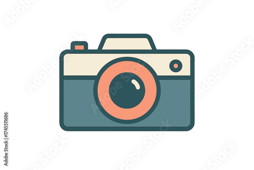 Minimalist flat design vintage film camera featuring a teal and coral color scheme