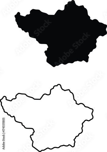 An identifiable black map silhouette and corresponding outline depicting the precise borders of a distinct geographical location