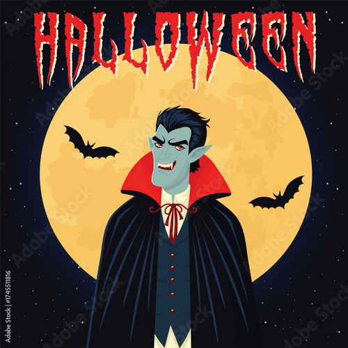 Dracula Halloween Poster Vector with Full Moon.