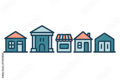 Residential house, commercial bank, retail storefront, and industrial warehouse buildings