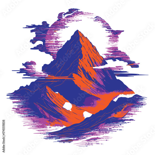 Vibrant Mountain Landscape with Clouds and Sun Arc T-shirt Design
