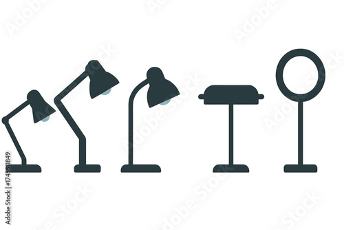Various modern and classic desk lamps and reading lights depicted in dark silhouette