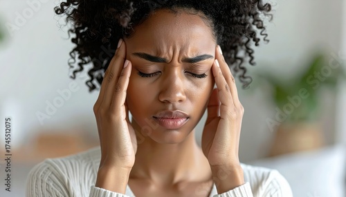 Young African woman massaging her head to relieve headache at home indoors today