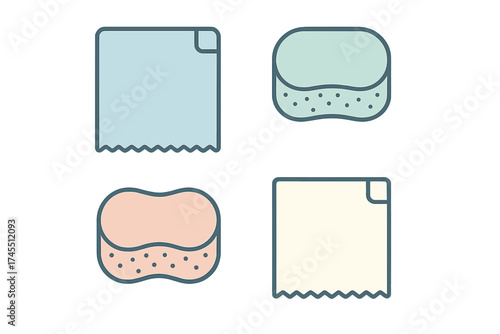 Collection of cleaning supplies including scrubbing sponges and wiping cloths for domestic hygiene