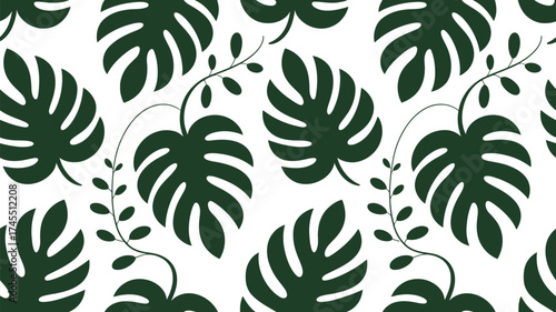 Captivating deep green monstera leaf pattern on crisp white background creating a modern tropical vibe perfect for decor and design projects
