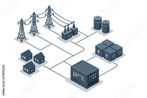 Modern electrical power grid network showing transmission, distribution, and battery storage