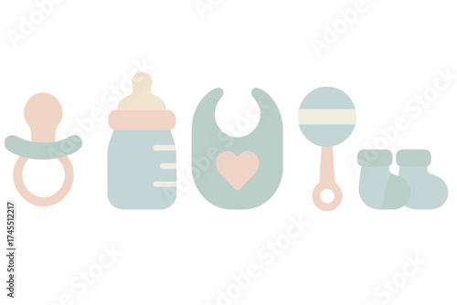 Newborn baby accessories collection including pacifier bottle bib rattle and booties in soft pastel colors