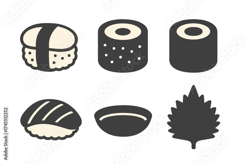 Minimalist set of Japanese cuisine elements featuring various sushi and traditional garnishes