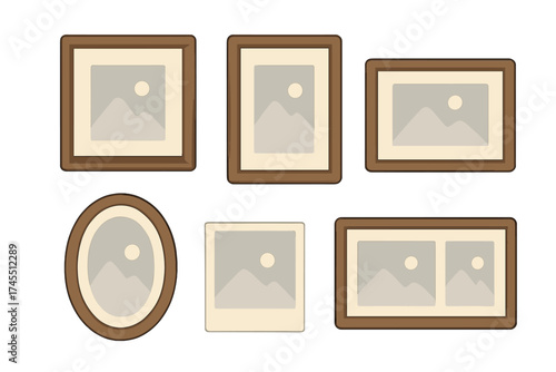 Set of various wooden picture frames and photo placeholders for gallery display