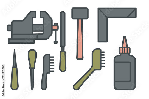 Assortment of essential workshop and crafting tools including a bench vise, mallet, file, and square