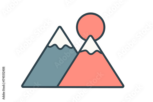 Minimalist geometric landscape with two stylized mountains, snow caps, and rising sun