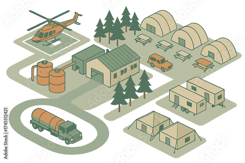 Remote operational base camp layout with temporary shelters, logistics vehicles, and fuel storage tanks