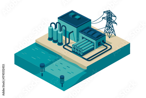 Modern industrial power station complex near water featuring storage silos and high voltage pylon