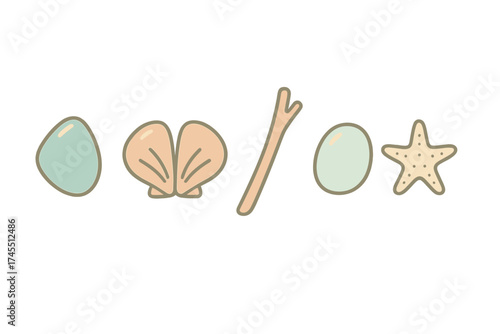 Simple row of seaside objects including scallop shell, starfish, stones, and driftwood