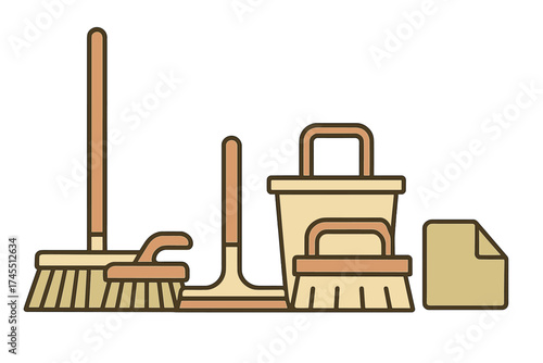 Collection of household cleaning equipment including brooms, dustpan, bucket, and scrubbing brushes