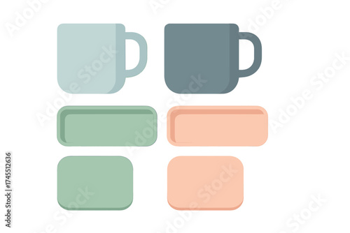 Minimalist collection of pastel colored coffee mugs and rectangular serving trays on a white background