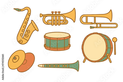 Collection of brass, woodwind, and percussion instruments for music and orchestra concepts