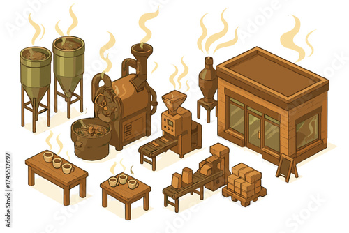 Industrial coffee roasting and packaging line with storage tanks and retail cafe building in isometric view