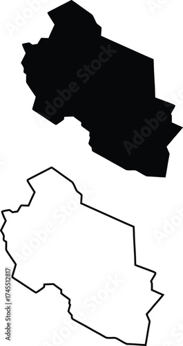A solid black geographical shape and its corresponding outline map are displayed on a clean white background
