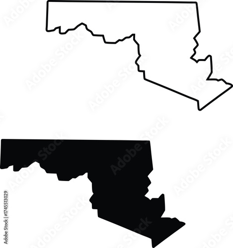 Distinct United States map of Maryland state presented in both filled silhouette and outline form