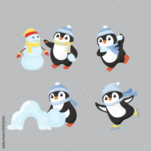 Penguin in winter activities. Little cute cartoon penguins characters play fun, make snowman, skating and skiing vector set. Illustration of winter penguin animal, bird in snow, baby funny