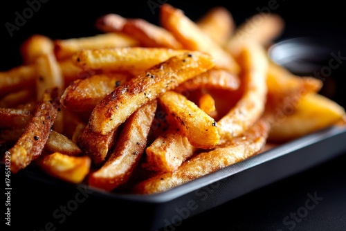 Macro detail close-up photography of a delicious french fries on a plastic tray isolated on dark background