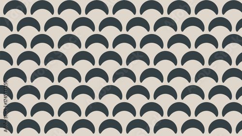 Modern abstract seamless pattern with repeating crescent shapes in a sophisticated dark grey and beige palette, perfect for contemporary design backgrounds.