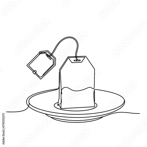Used tea bag on saucer in linear black and white style