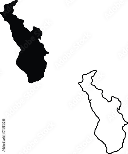 A slender and elongated geographical territory is presented with a black fill and a precise line drawing