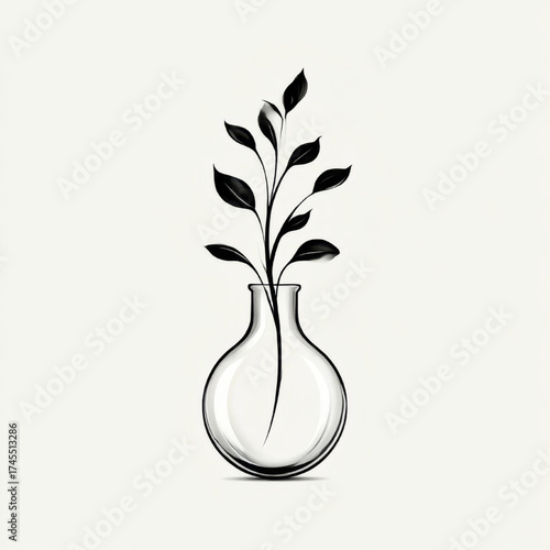 Minimalist plant in flask icon, black and white, representing botany and science, with copy space