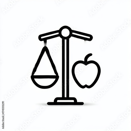 Minimalist balance scale icon, black and white, representing healthy diet and wellness, with copy space