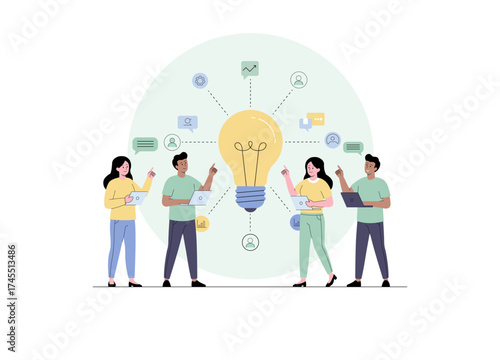 A group of four diverse team members brainstorming together around a large light bulb, symbolizing creativity and innovation. Concept image of people working together to think of new ideas.