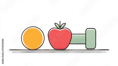 Cartoon fitness and wellness graphic, vibrant red yellow and green, representing healthy habits and strength, with copy space