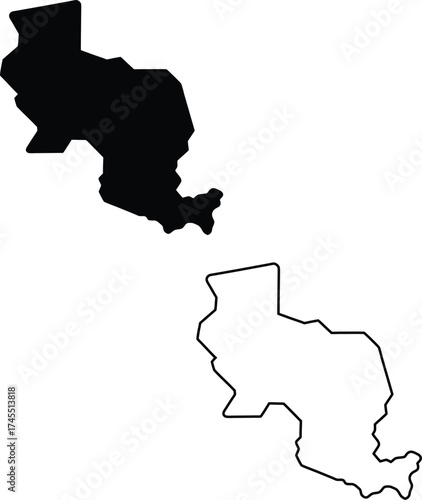 Black silhouette and outline of the Kingdom of Bhutan map on a white background