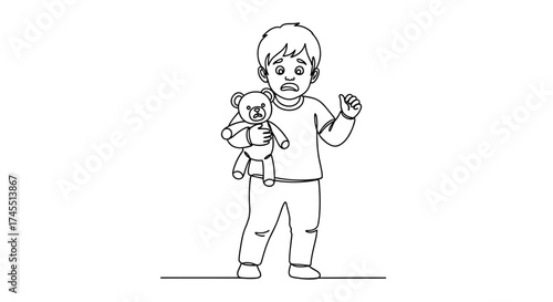 Scared child holding stuffed animal in linear black and white style