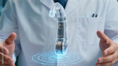 video of engineer designing new hearing aid, projecting detailed 3D image between his hands, footage highlighting innovative developments in medical devices processing amplifying audiometric signals