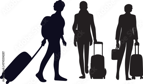 silhouettes of women and man with bags