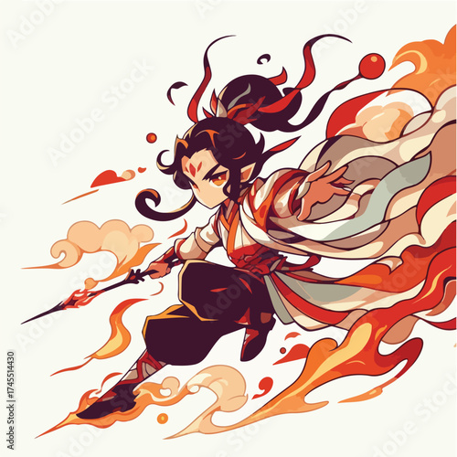 Anime Warrior with Fiery Energy and Spear