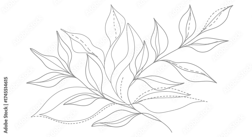 Fototapeta premium Delicate Botanical Sprig of Leaves in Continuous Line Art on Isolated White Background