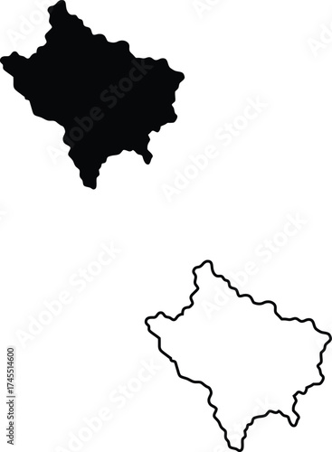 Black silhouette and outline map of Kosovo representing the countrys geographical borders and shape