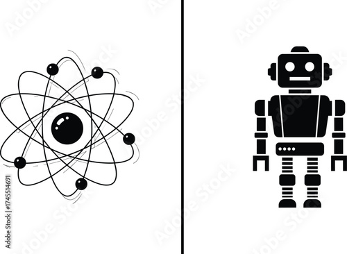 Atom and robot technology illustration, artificial intelligence and science concept, futuristic innovation, modern AI, research, education, and digital engineering