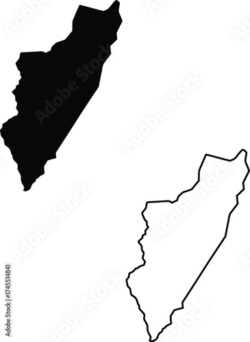 Solid black and outline map showing the distinct geographical shape of Somalia on a white background